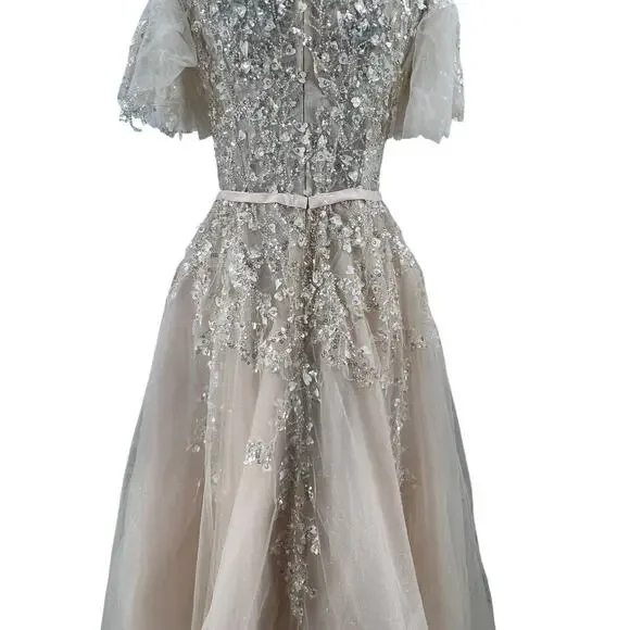 mac duggal embellished flutter sleeve bow waist a line dress Green Embellished Bow Flutter Sleeve A Line Midi Dress